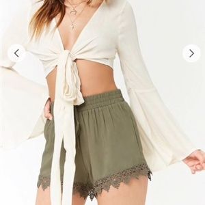 Olive Green Crochet Scalloped Flowy Shorts
